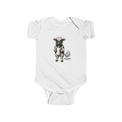 White baby bodysuit with the Calf of Concern: a gas-masked cartoon calf hugging a milk bottle beside a small fart cloud and the MLKFRTS Supply Co. wordmark, front view