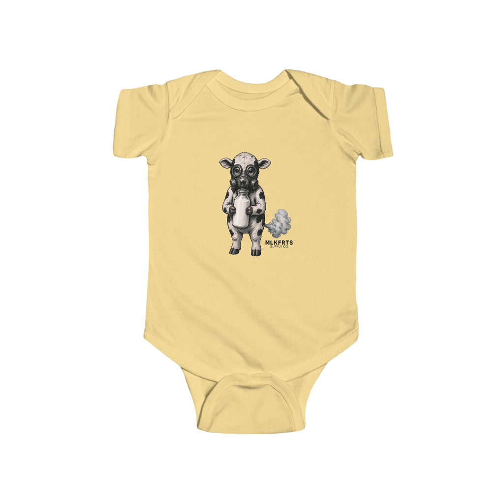 Butter baby bodysuit with the Calf of Concern: a gas-masked cartoon calf hugging a milk bottle beside a small fart cloud and the MLKFRTS Supply Co. wordmark, front view