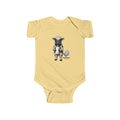 Butter baby bodysuit with the Calf of Concern: a gas-masked cartoon calf hugging a milk bottle beside a small fart cloud and the MLKFRTS Supply Co. wordmark, front view