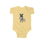 Butter baby bodysuit with the Calf of Concern: a gas-masked cartoon calf hugging a milk bottle beside a small fart cloud and the MLKFRTS Supply Co. wordmark, front view