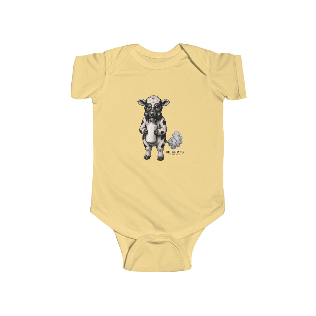 Butter baby bodysuit with the Calf of Concern: a gas-masked cartoon calf hugging a milk bottle beside a small fart cloud and the MLKFRTS Supply Co. wordmark, front view