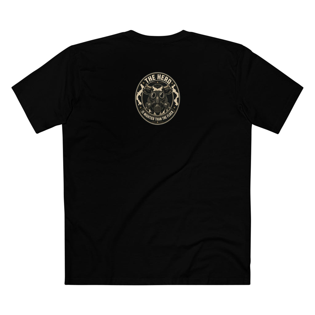 The Hills Have Cams Tee in black, back: The Herd Is Mightier Than the Flock gas-mask cow badge