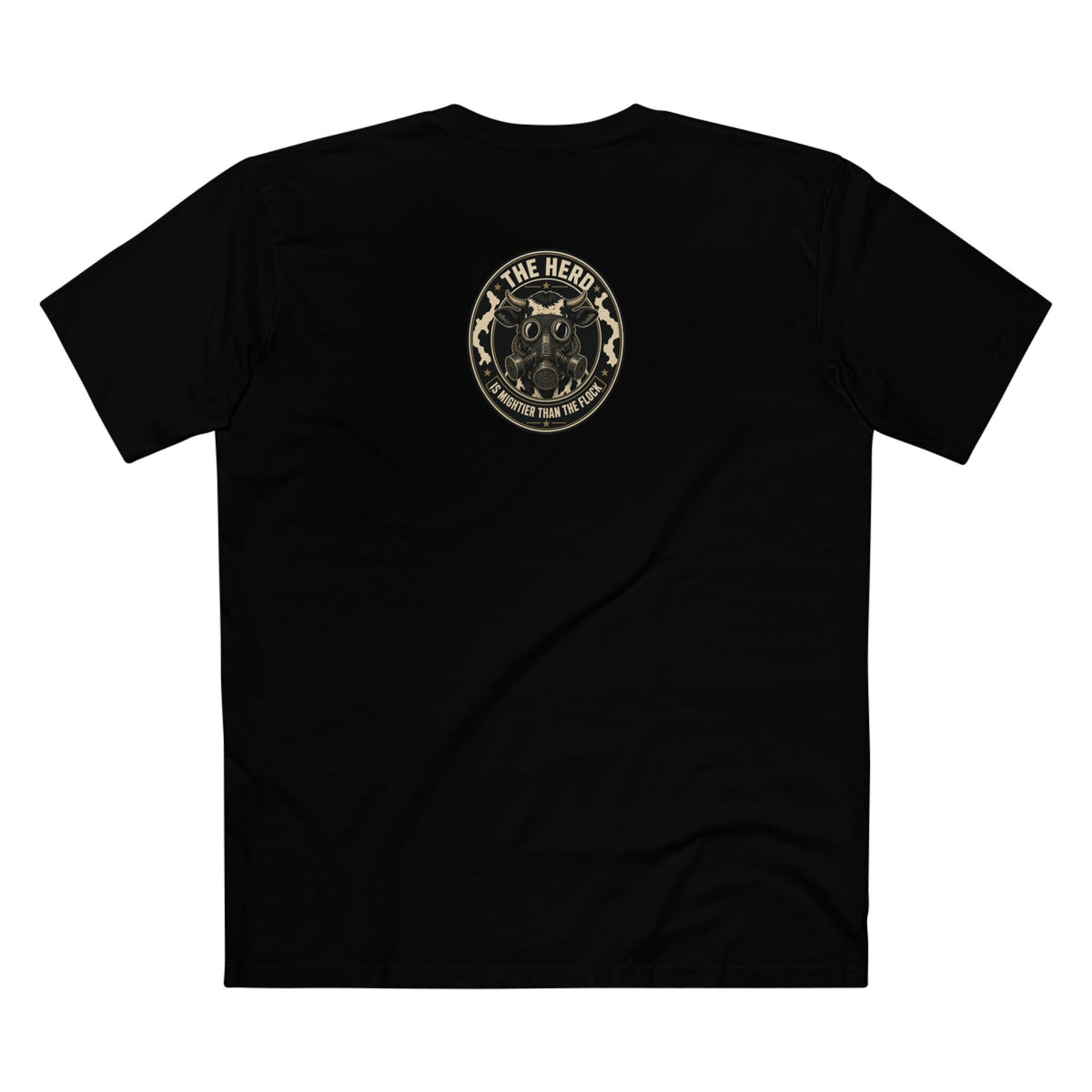 The Hills Have Cams Tee in black, back: The Herd Is Mightier Than the Flock gas-mask cow badge