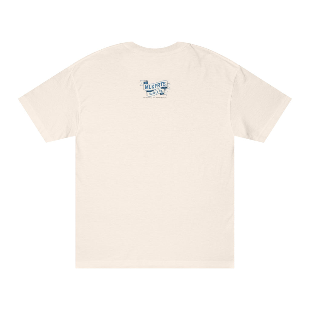 Cream t-shirt, back view with a small blue MLKFRTS logo