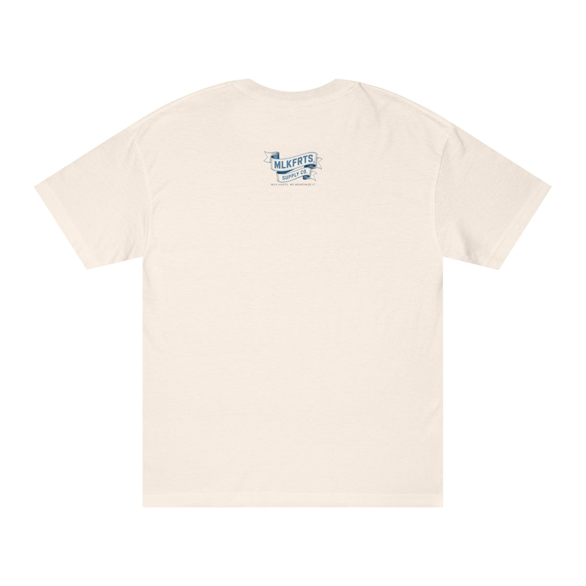 Cream t-shirt, back view with a small blue MLKFRTS logo