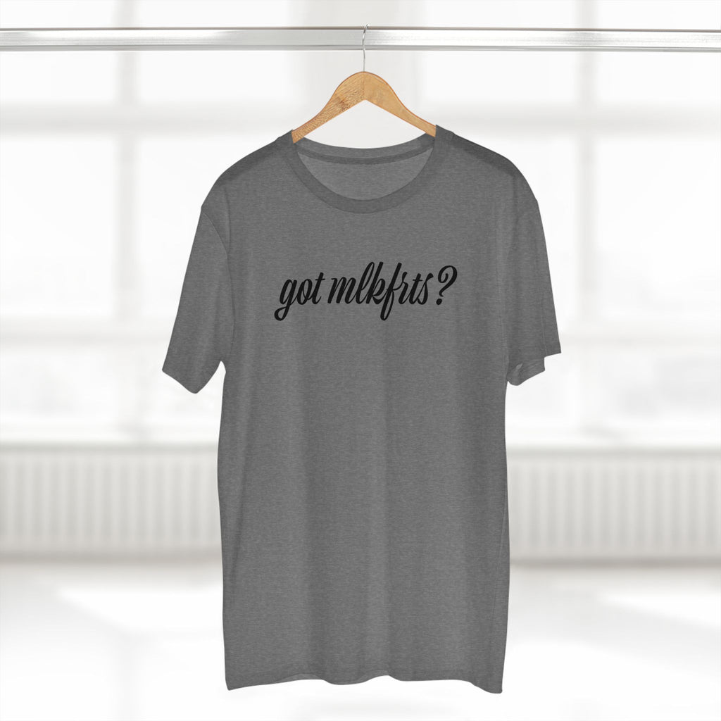 got mlkfrts? Flatus Eruptus Tee in Athletic Heather on a hanger, got mlkfrts? script on the front