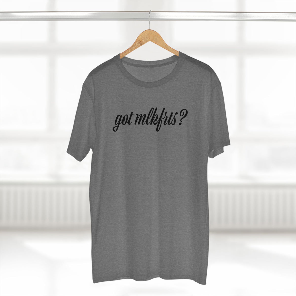 got mlkfrts? Flatus Eruptus Tee in Athletic Heather on a hanger, got mlkfrts? script on the front