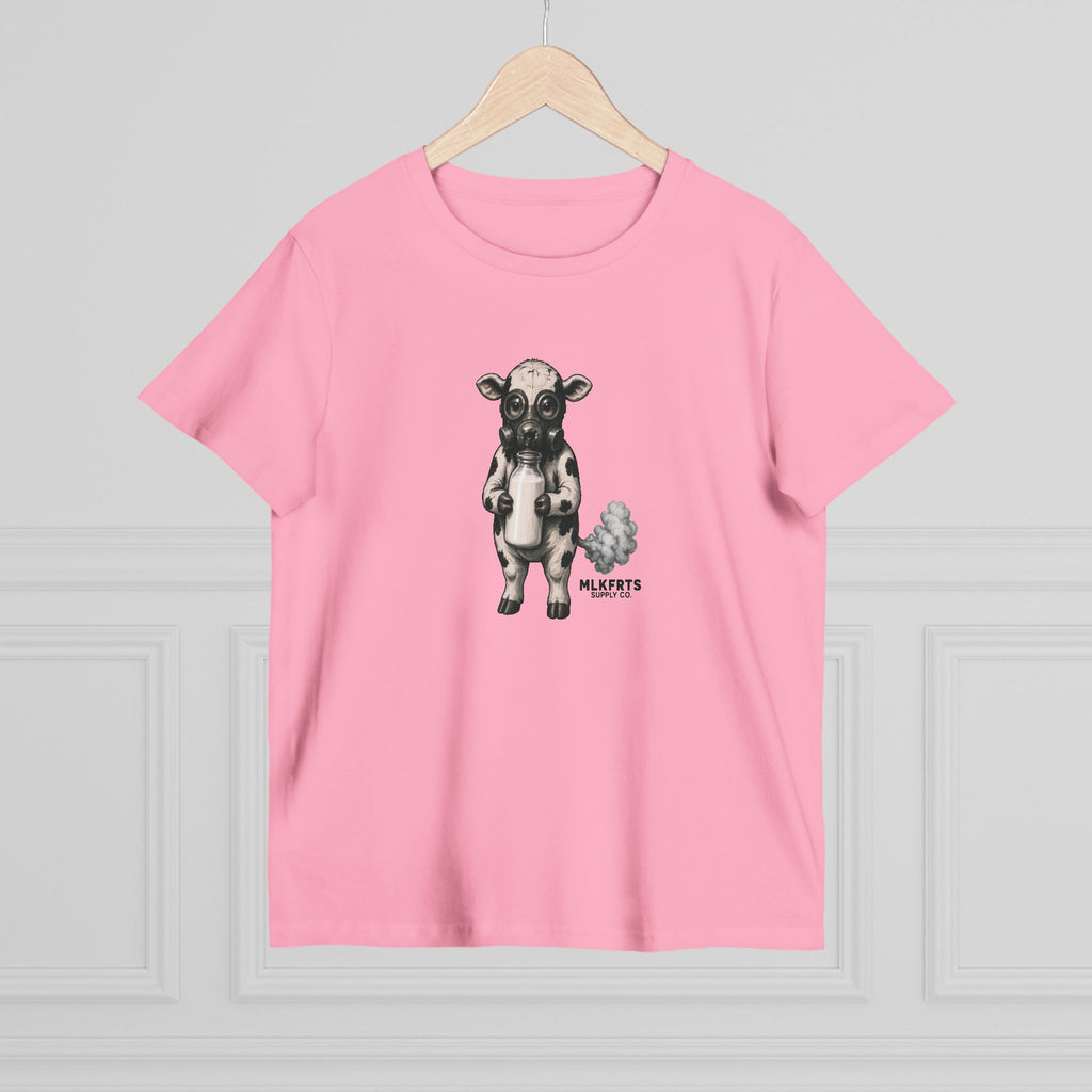 Bubblegum women's tee with the Calf of Concern on the front, on a hanger