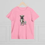 Bubblegum women's tee with the Calf of Concern on the front, on a hanger