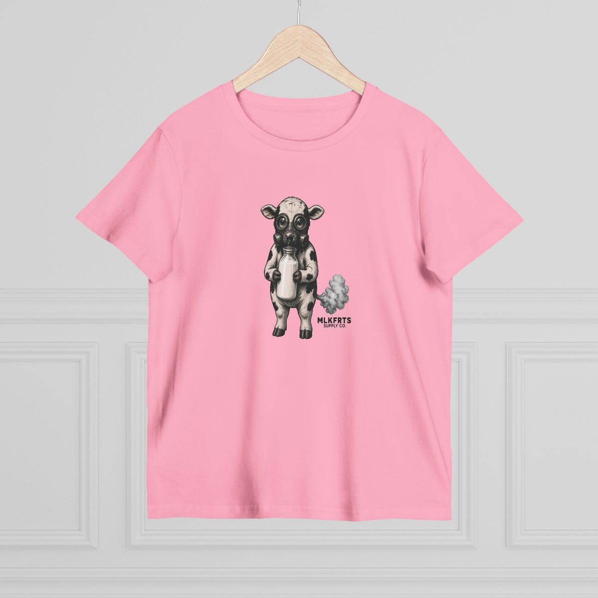 Bubblegum women's tee with the Calf of Concern on the front, on a hanger