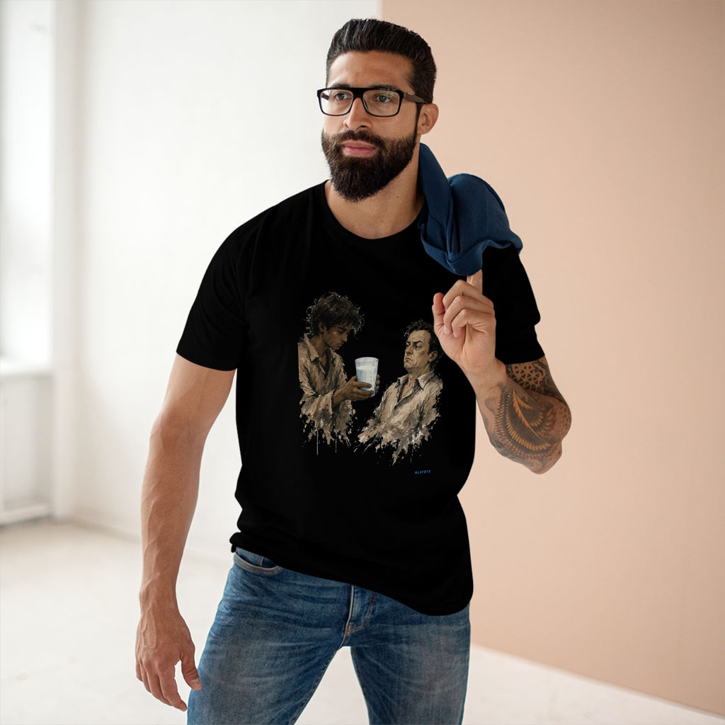 Model wearing the The Refusal Tee in Black, painterly milk-offering art across the front