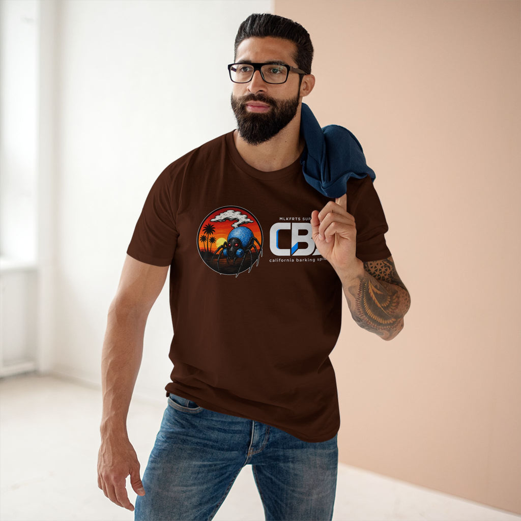 Man wearing the MLKFRTS California Barking Spiders Tee in dark chocolate, front: CBS lockup with the gas-masked spider