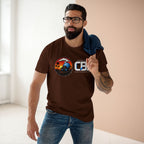 Man wearing the MLKFRTS California Barking Spiders Tee in dark chocolate, front: CBS lockup with the gas-masked spider