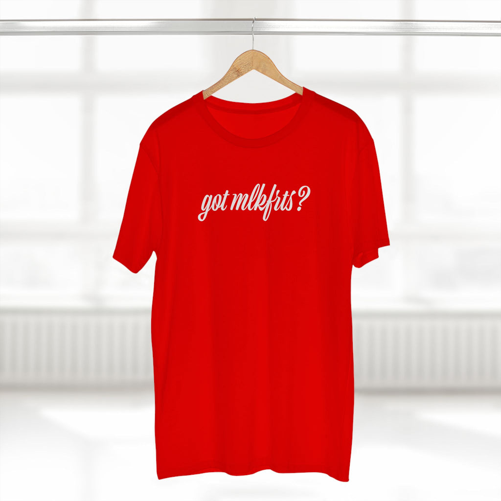 got mlkfrts? Flatus Eruptus Tee in Red on a hanger, got mlkfrts? script on the front