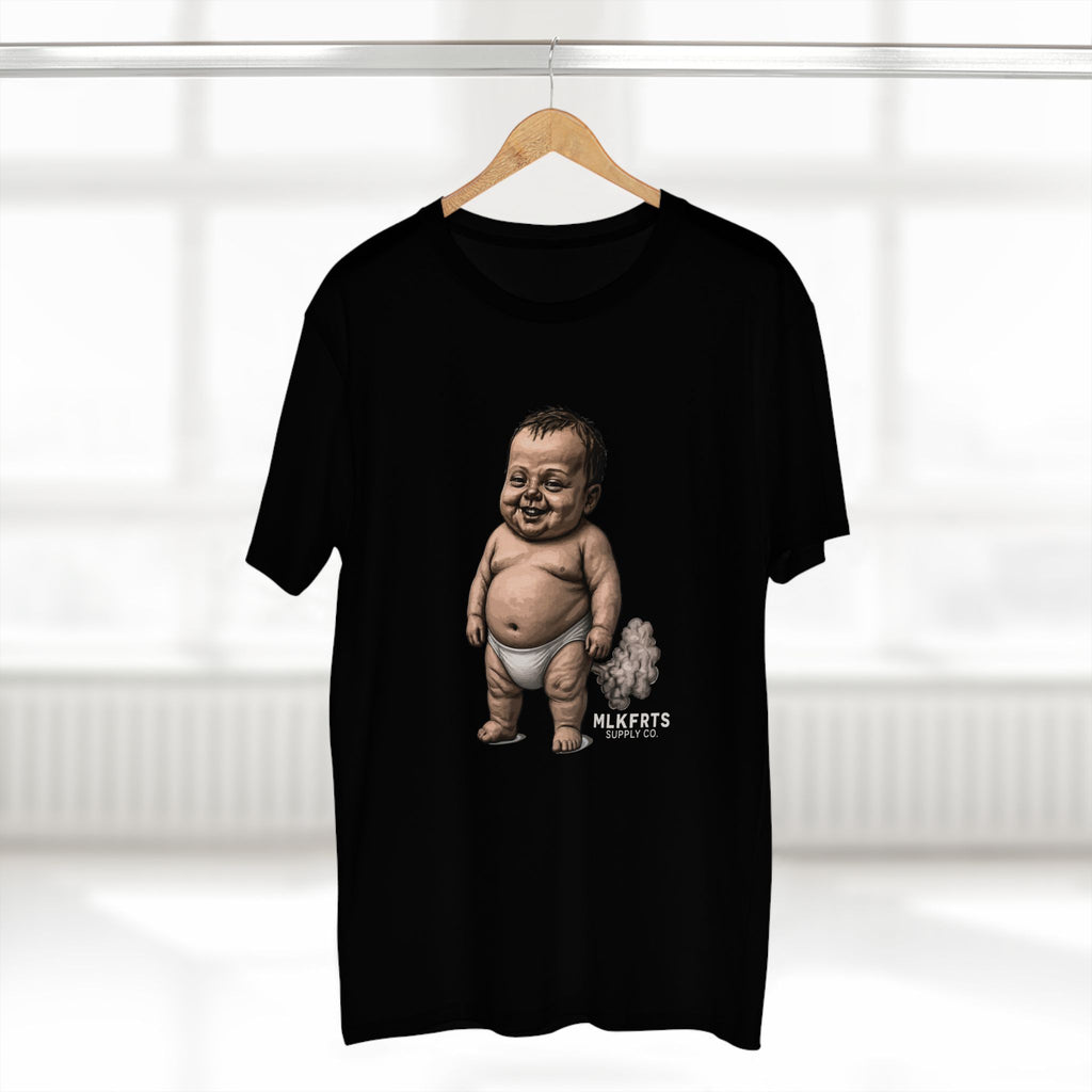 Black MLKFRTS Lil' Stinker Tee on a hanger, smug diaper baby with gas cloud and milk puddles on the front