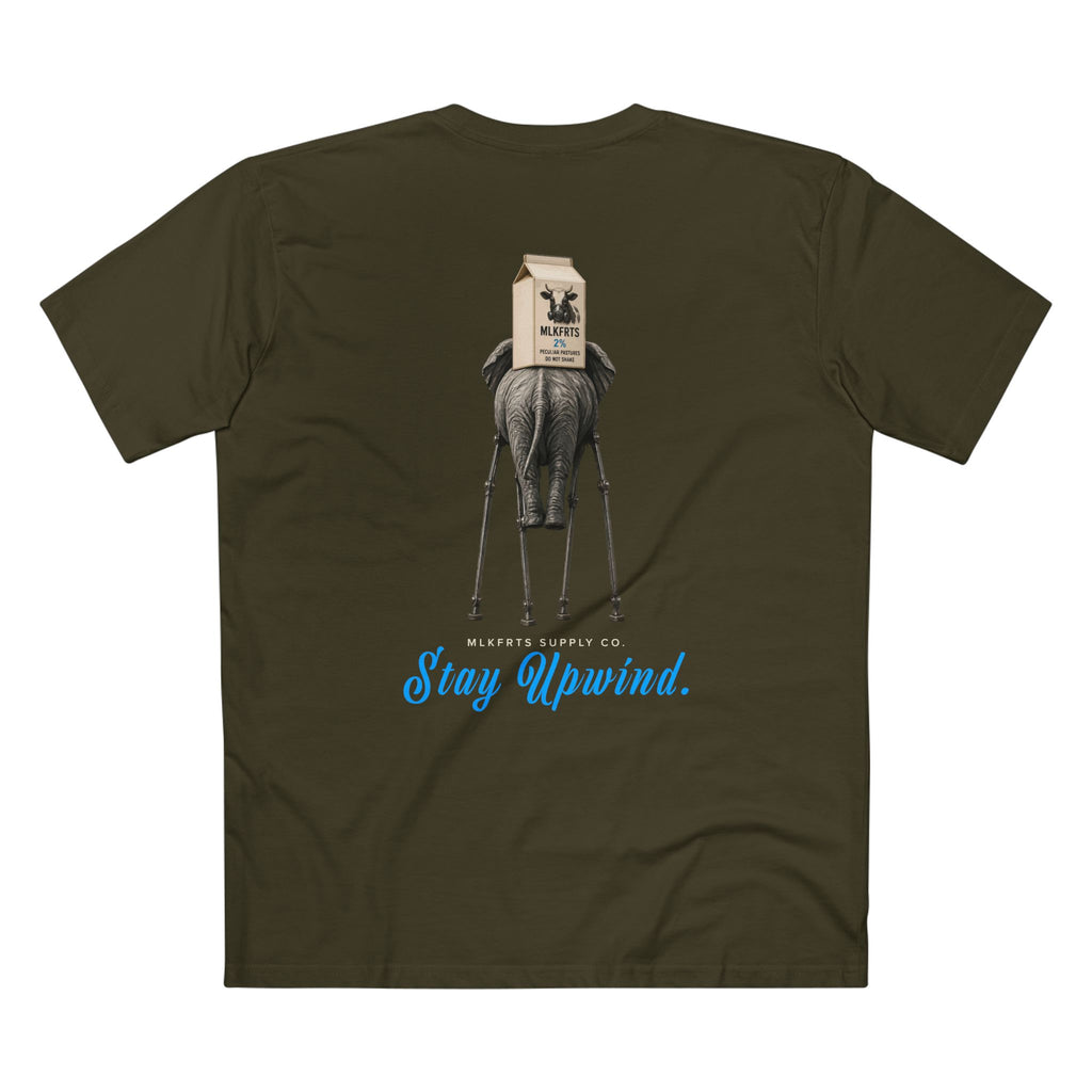 Stay Upwind Tee in army, back: elephant on stilt legs carrying an MLKFRTS 2% milk carton, blue script Stay Upwind