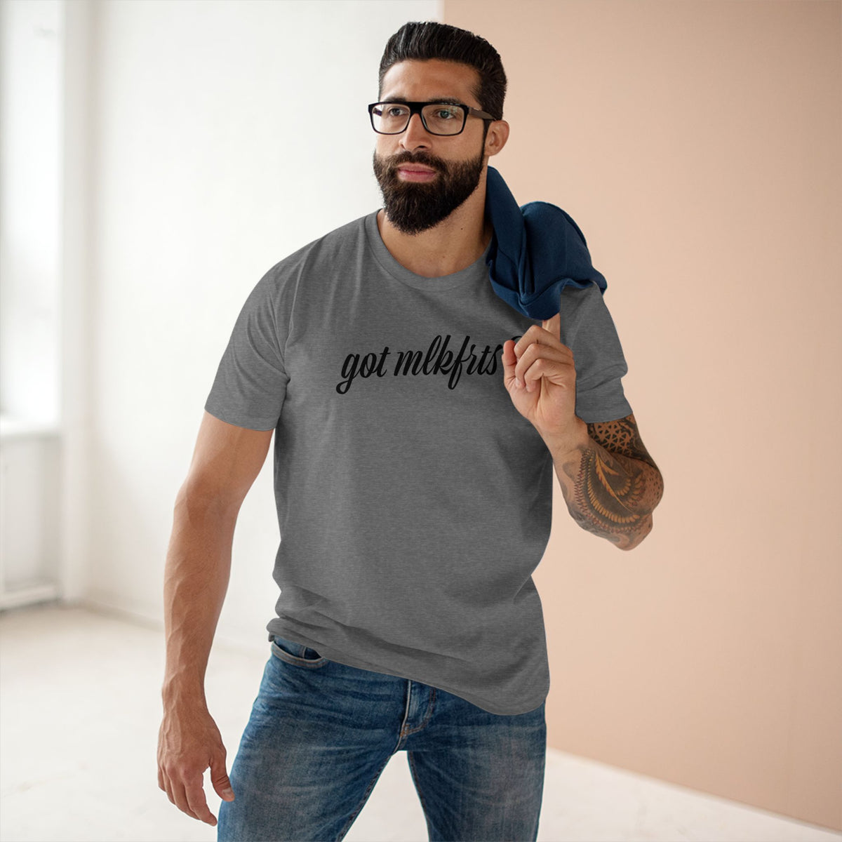 Man wearing the got mlkfrts? Flatus Eruptus Tee in Athletic Heather, got mlkfrts? script on the front