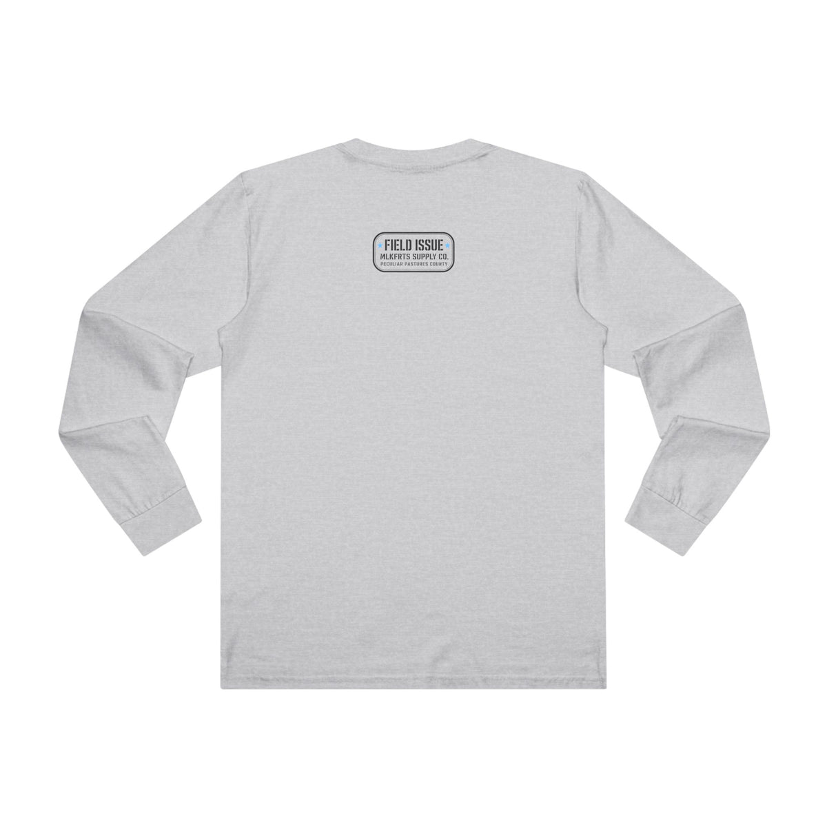 Peculiar Gas Station Long Sleeve Tee in Ash, back with the Field Issue stamp on the upper back