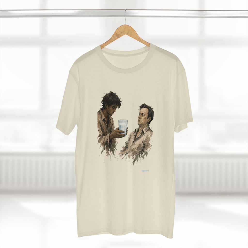 The Refusal Tee in Natural on a hanger, close-up of the painterly front art