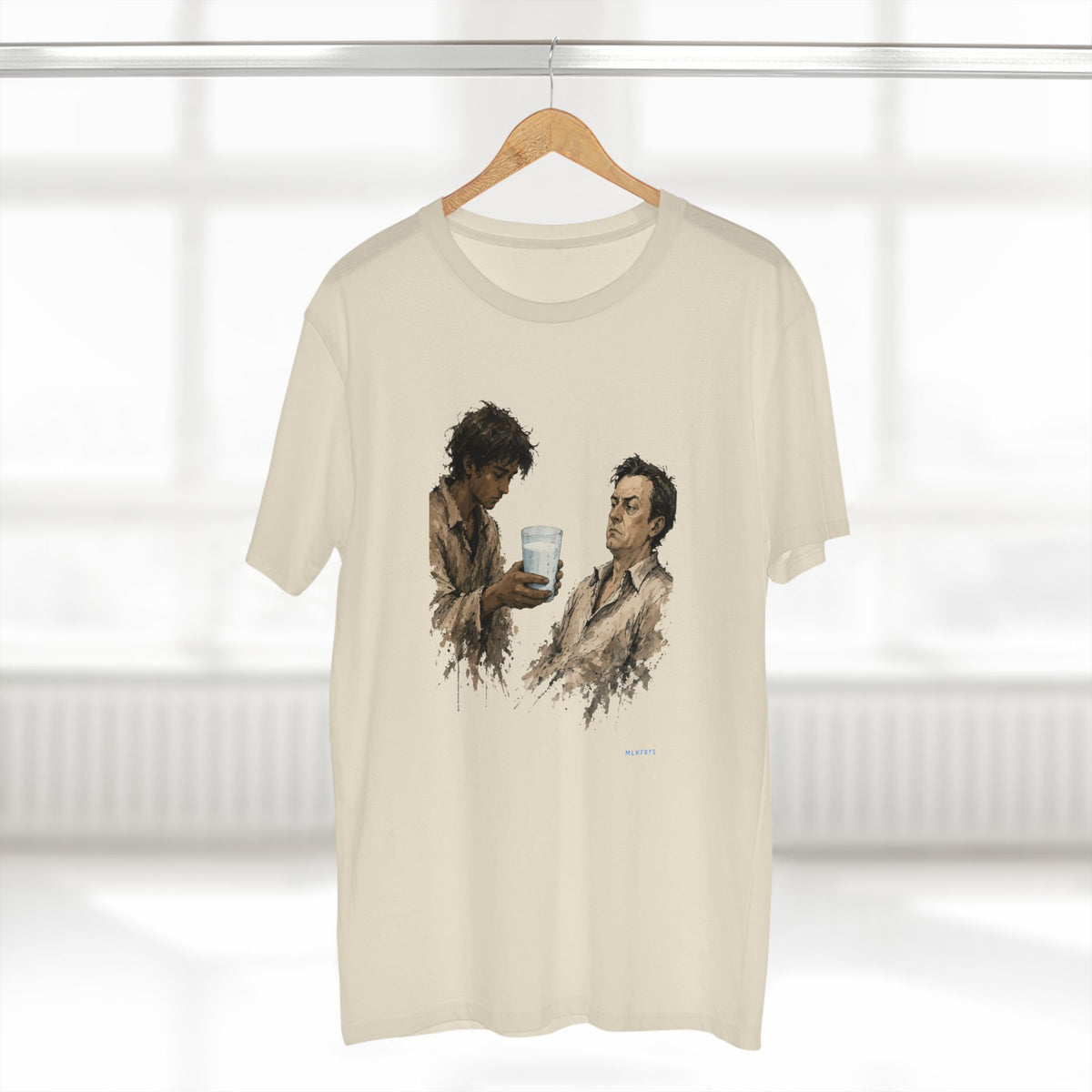 The Refusal Tee in Natural on a hanger, close-up of the painterly front art