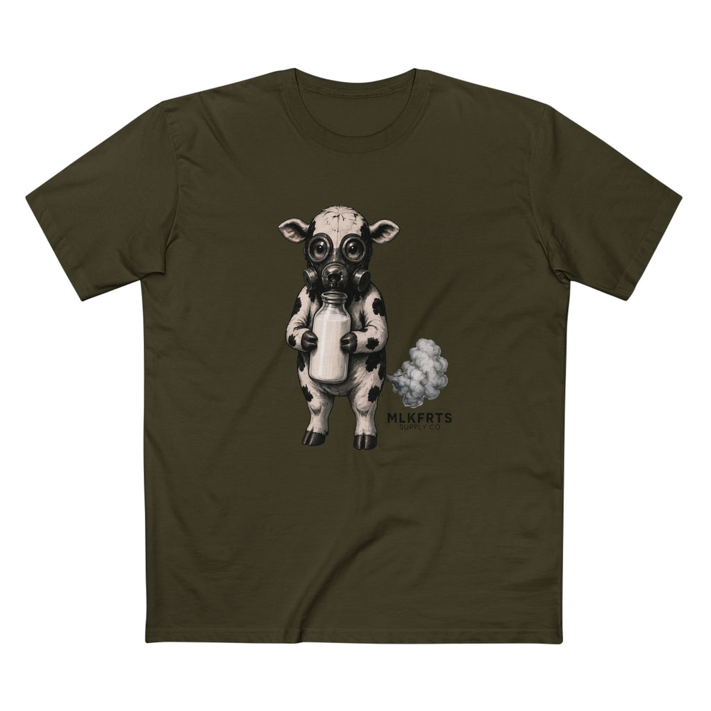 Army unisex tee with the Calf of Concern: a gas-masked spotted calf holding a milk bottle beside a small cloud and the MLKFRTS Supply Co. wordmark, front view