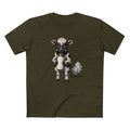 Army unisex tee with the Calf of Concern: a gas-masked spotted calf holding a milk bottle beside a small cloud and the MLKFRTS Supply Co. wordmark, front view