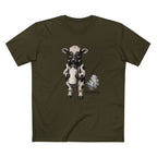 Army unisex tee with the Calf of Concern: a gas-masked spotted calf holding a milk bottle beside a small cloud and the MLKFRTS Supply Co. wordmark, front view