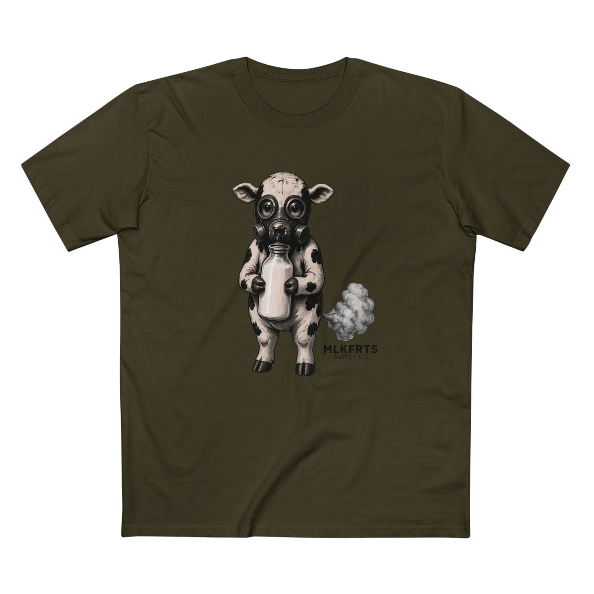 Army unisex tee with the Calf of Concern: a gas-masked spotted calf holding a milk bottle beside a small cloud and the MLKFRTS Supply Co. wordmark, front view