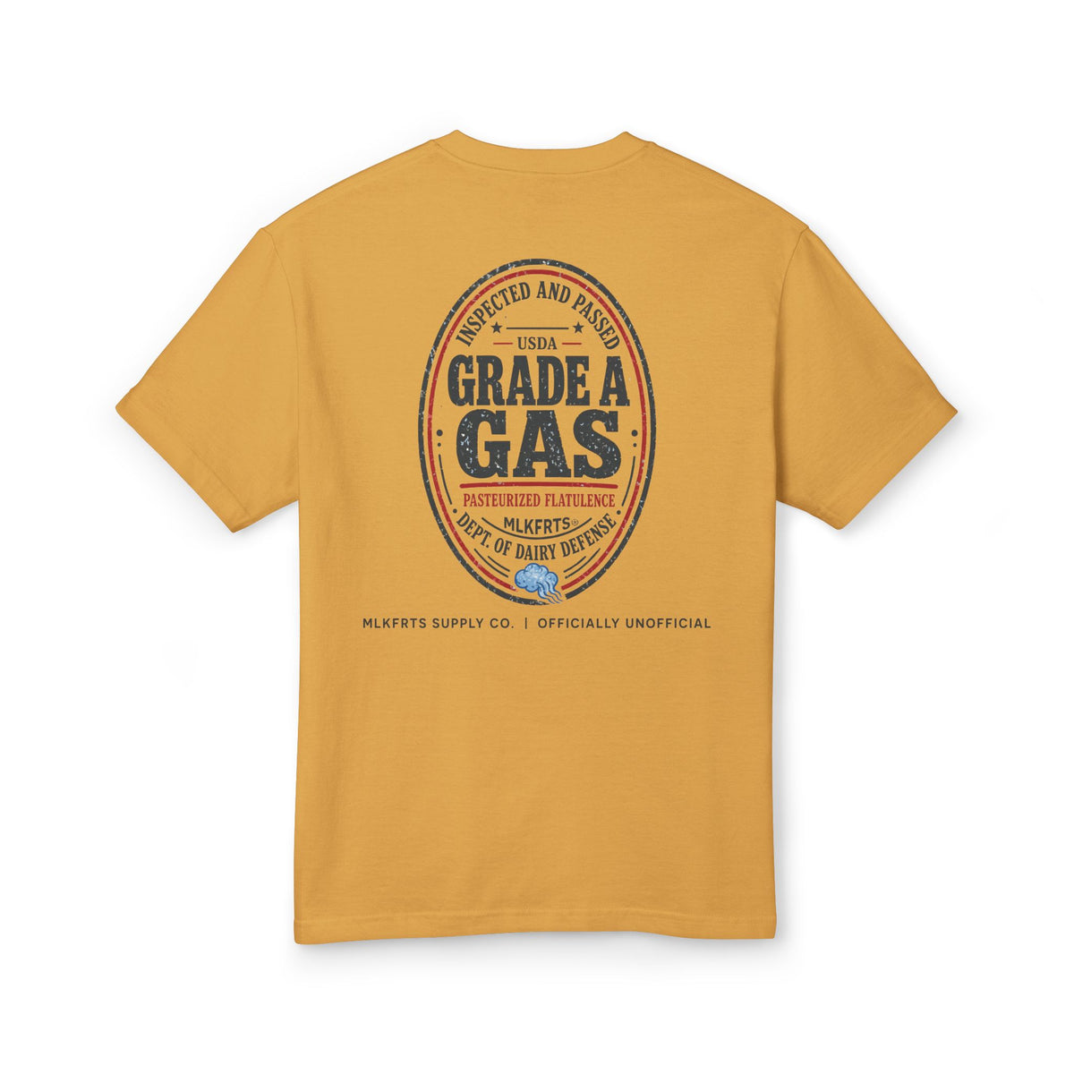 Faded Mustard garment-dyed t-shirt, back view with a large oval "Grade A Gas" seal