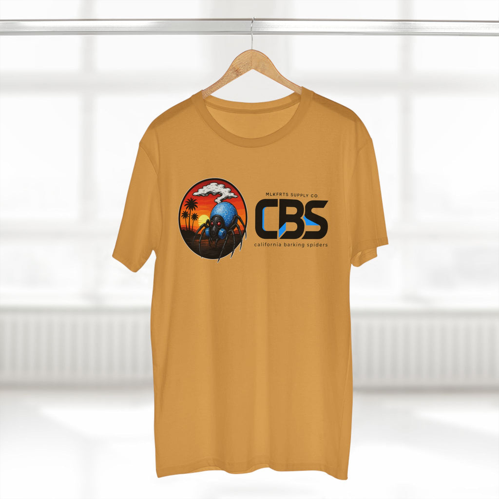 MLKFRTS California Barking Spiders Tee in mustard on a hanger, front: CBS lockup with the gas-masked spider
