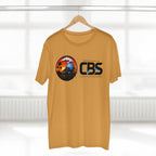 MLKFRTS California Barking Spiders Tee in mustard on a hanger, front: CBS lockup with the gas-masked spider
