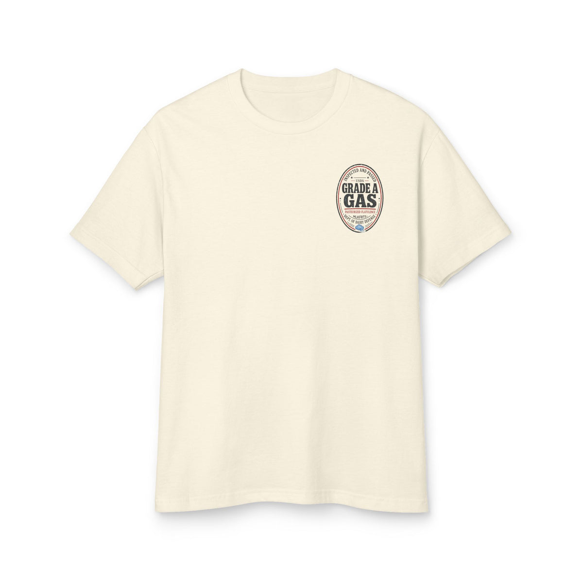 Faded Cream garment-dyed t-shirt with a small oval "Grade A Gas" seal on the left chest, front view