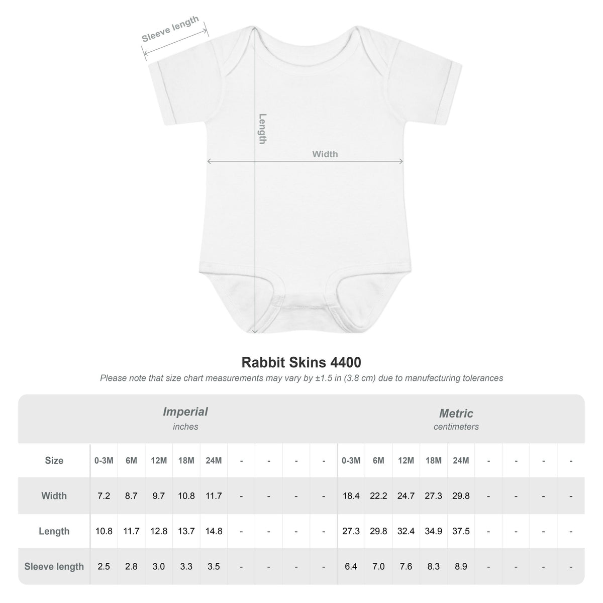 Size chart for the baby bodysuit