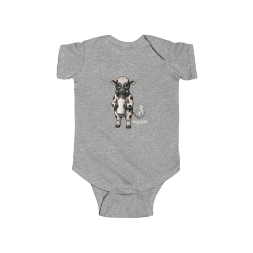 Heather baby bodysuit with the Calf of Concern: a gas-masked cartoon calf hugging a milk bottle beside a small fart cloud and the MLKFRTS Supply Co. wordmark, front view