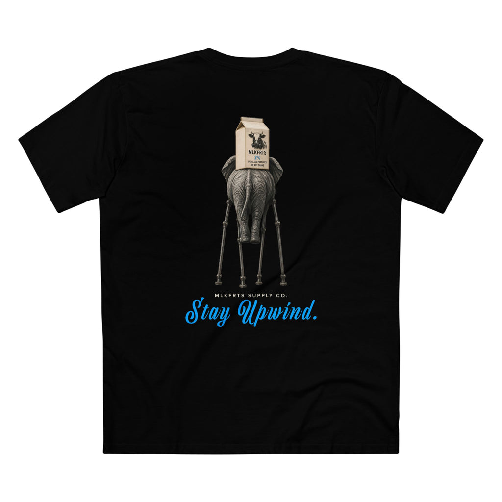 Stay Upwind Tee in black, back: elephant on stilt legs carrying an MLKFRTS 2% milk carton, blue script Stay Upwind