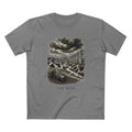 The Hills Have Cams Tee in heather grey, front: etched surveillance poles over Holstein hills with a lone cow and a gas mask in the grass, THE HERD.
