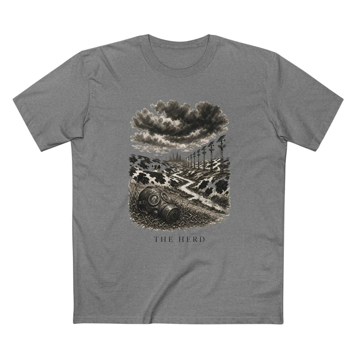 The Hills Have Cams Tee in heather grey, front: etched surveillance poles over Holstein hills with a lone cow and a gas mask in the grass, THE HERD.