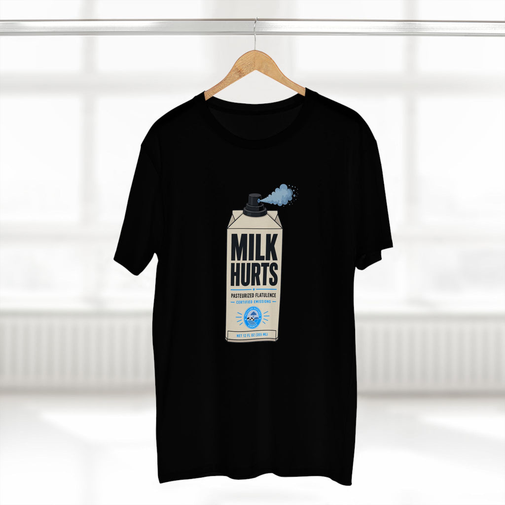 MLKFRTS Milk Hurts Mace Tee in black on a hanger, front view showing the Milk Hurts milk carton graphic