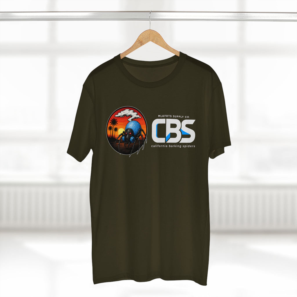 MLKFRTS California Barking Spiders Tee in army on a hanger, front: CBS lockup with the gas-masked spider