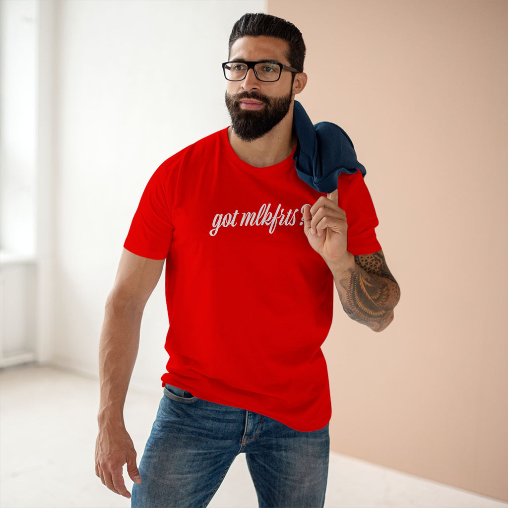Man wearing the got mlkfrts? Flatus Eruptus Tee in Red, got mlkfrts? script on the front