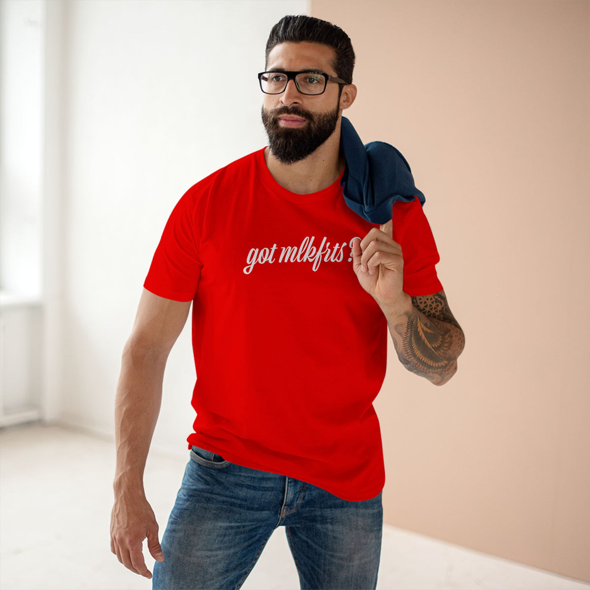 Man wearing the got mlkfrts? Flatus Eruptus Tee in Red, got mlkfrts? script on the front