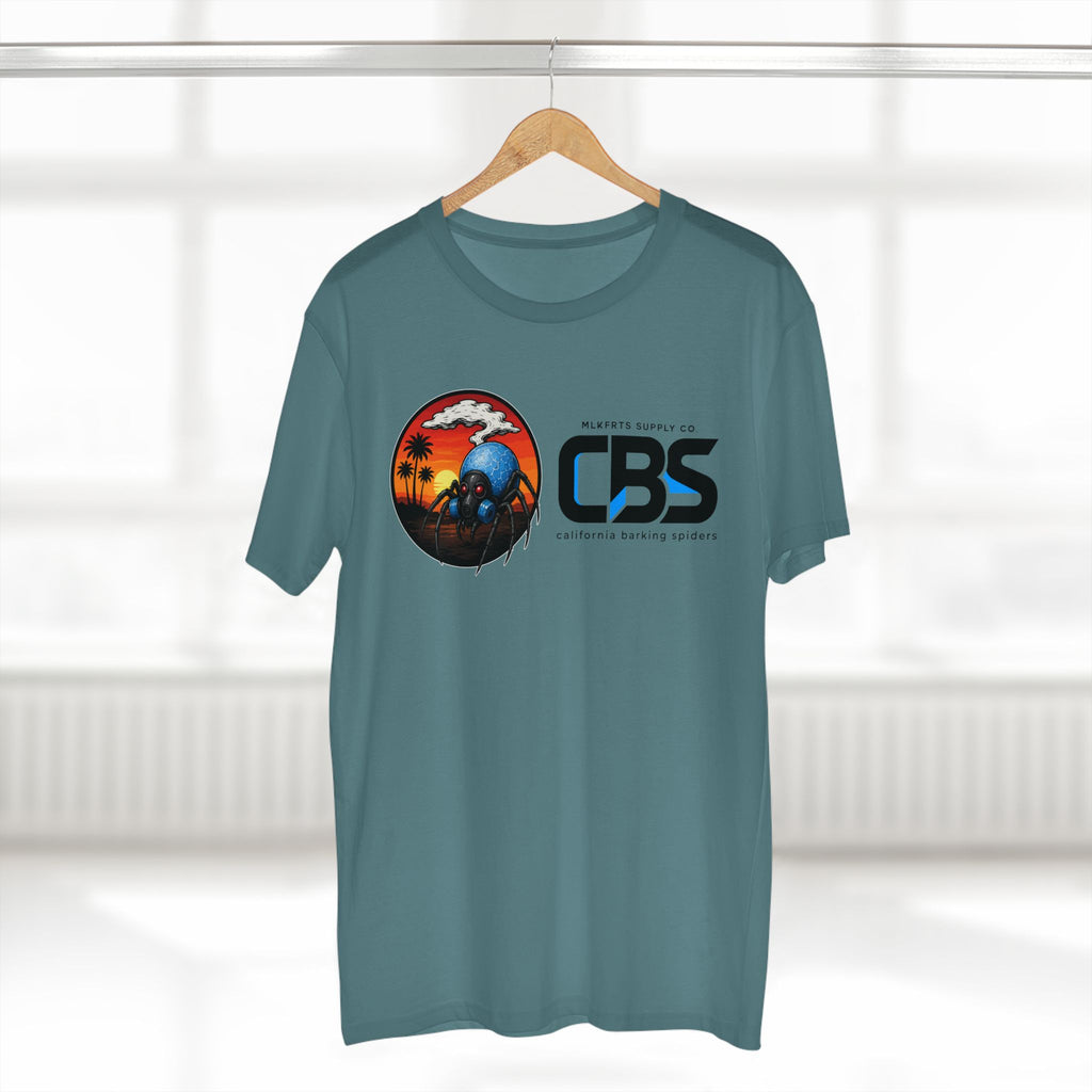 MLKFRTS California Barking Spiders Tee in slate blue on a hanger, front: CBS lockup with the gas-masked spider