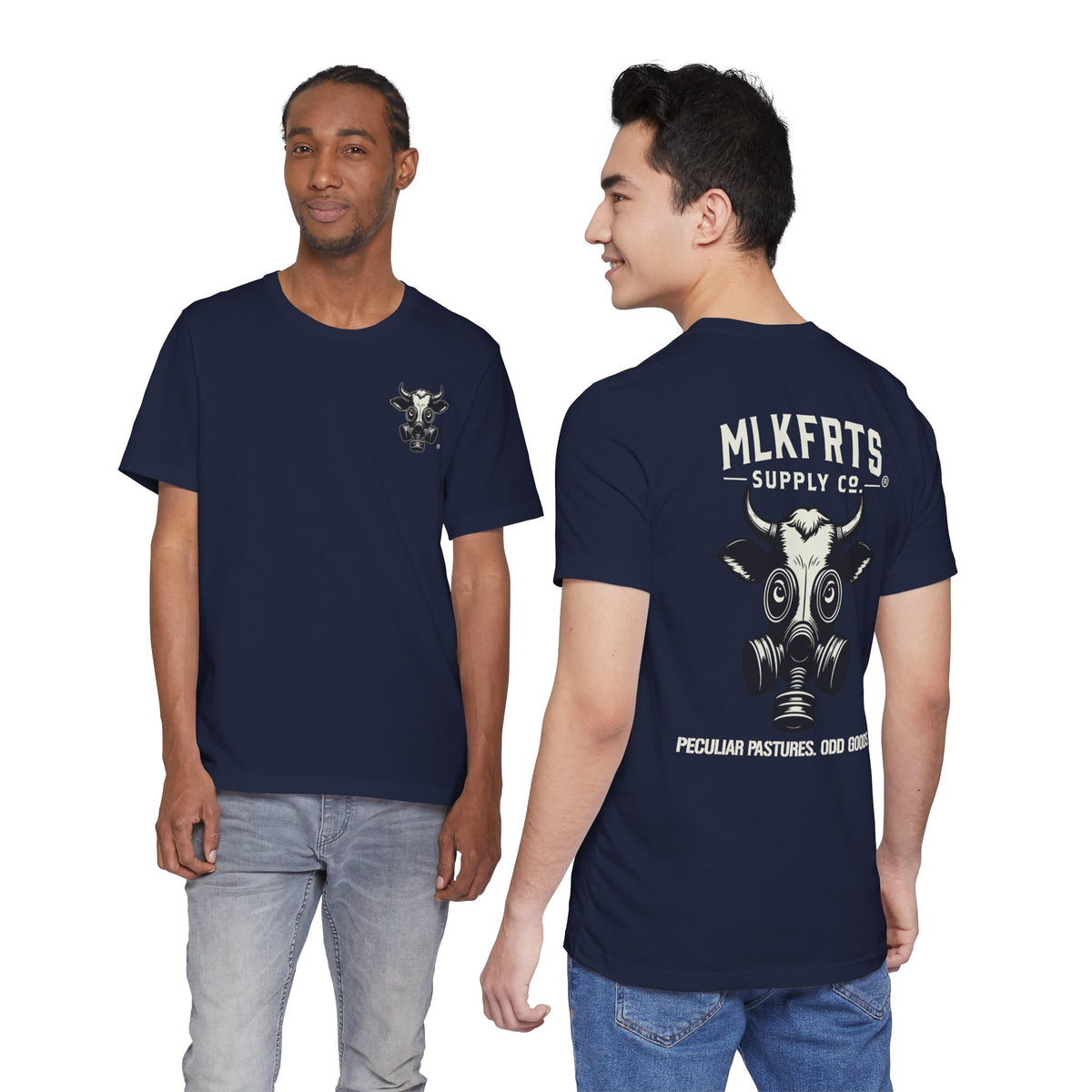 Two models wearing the Navy t-shirt, front and back views