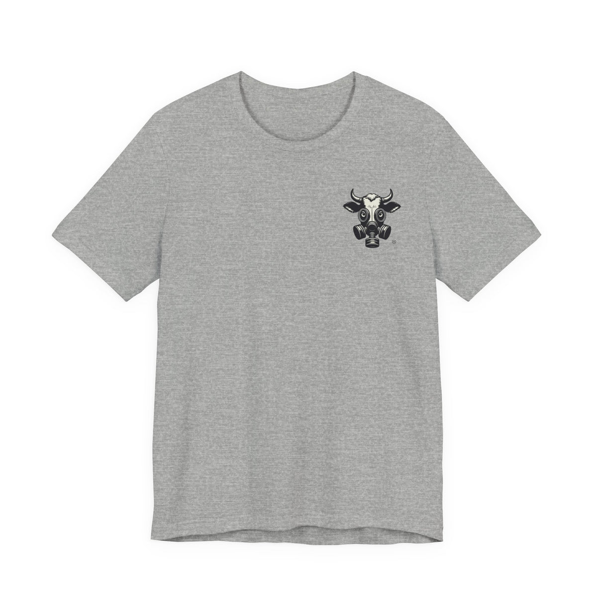 Athletic Heather t-shirt with a small gas-mask cow head on the left chest, front view