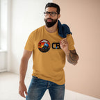Man wearing the MLKFRTS California Barking Spiders Tee in mustard, front: CBS lockup with the gas-masked spider