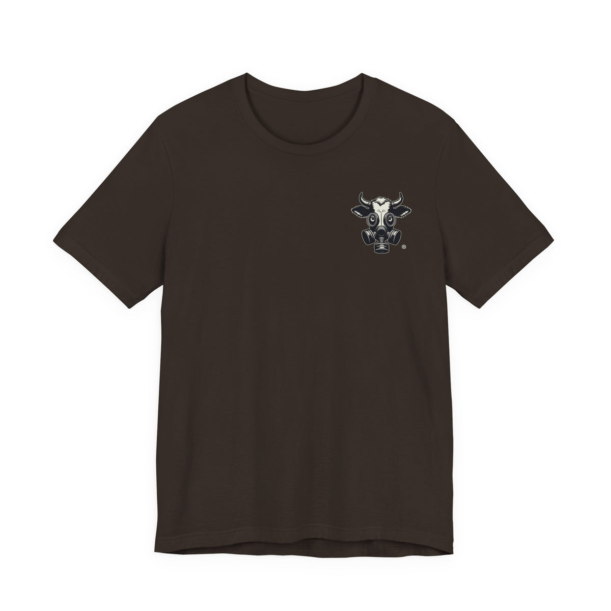 Brown t-shirt with a small gas-mask cow head on the left chest, front view