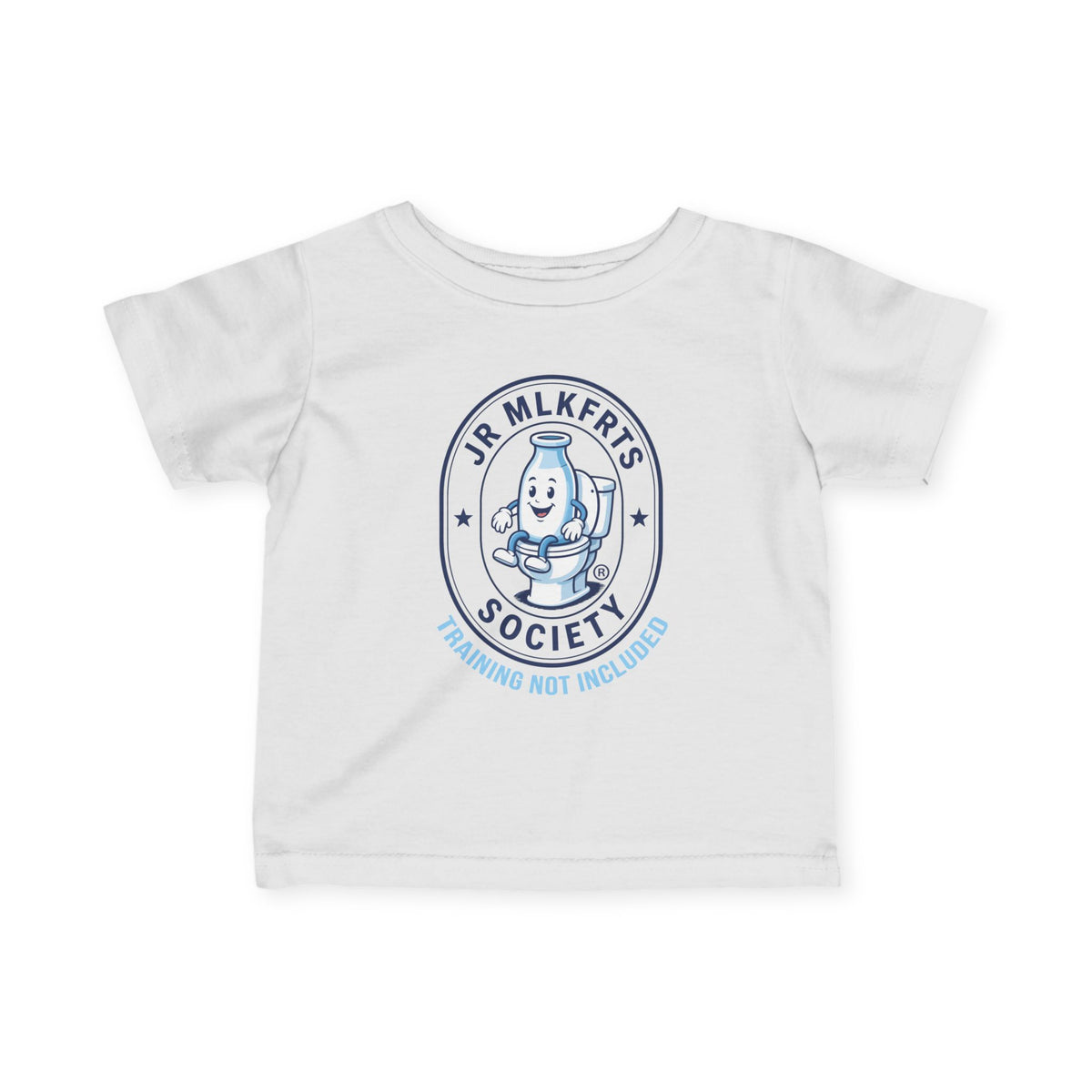White infant tee with a round Jr. MLKFRTS Society badge print with a cartoon milk bottle, front view