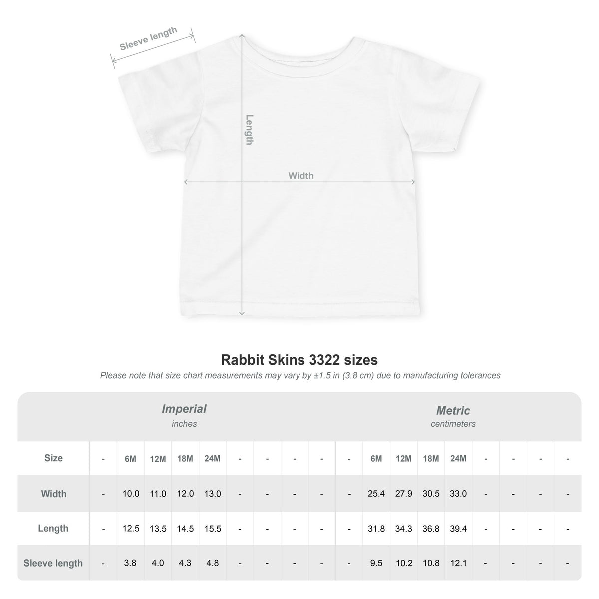 Size chart for the infant tee