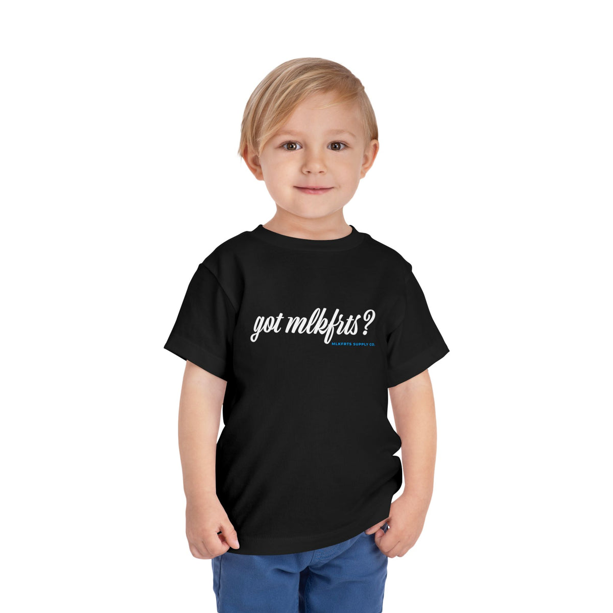 Toddler wearing the got mlkfrts? Toddler Tee in Black, got mlkfrts? script on the front