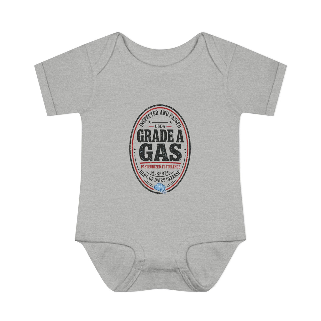Heather baby bodysuit with an oval "Grade A Gas" inspection-seal print, front view
